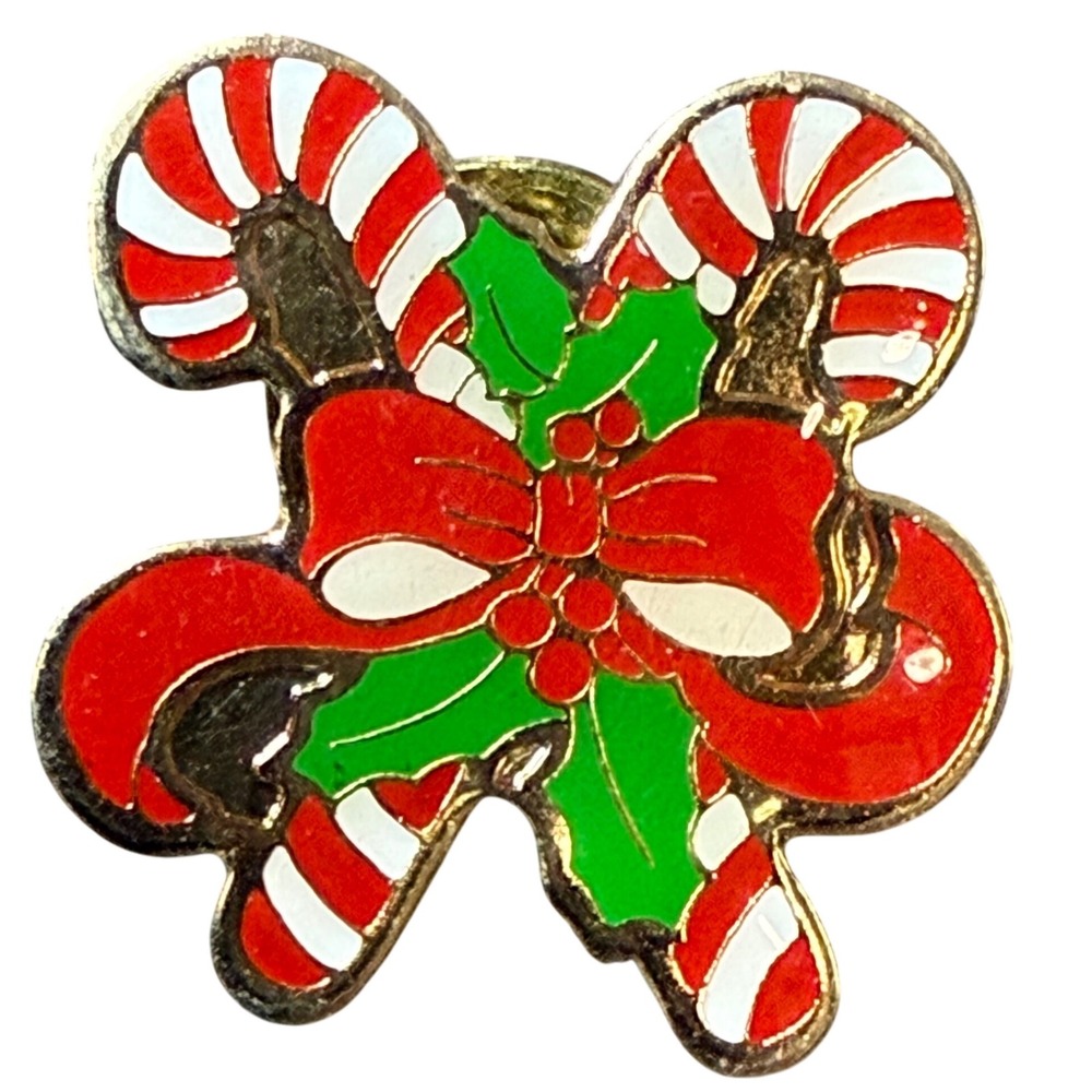 Christmas Candy Cane Holly Bow Enamel Pin Gold Tone Holiday Festive SWIG‎